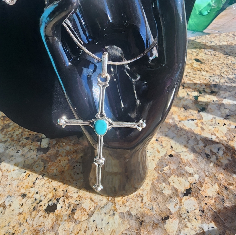 Taxco Silver Cross Necklace with Turquoise Center Stone - Picture 13 of 13